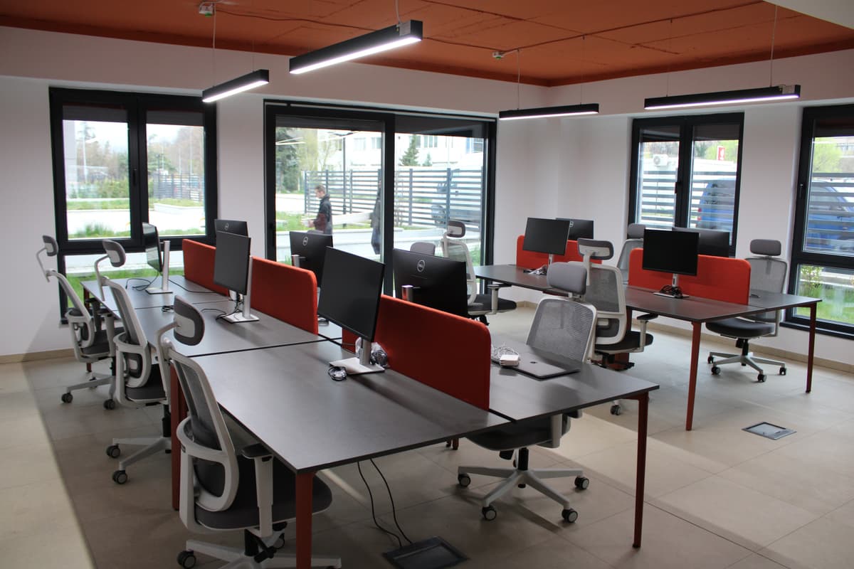 Modern coworking space with reception area